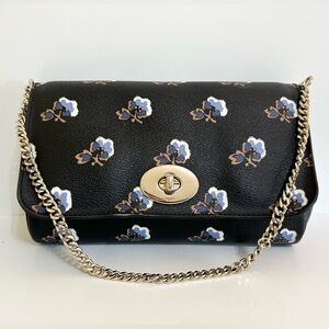 Coach Black Shoulder Bag w/ Blue Flowers Gold Chain Strap